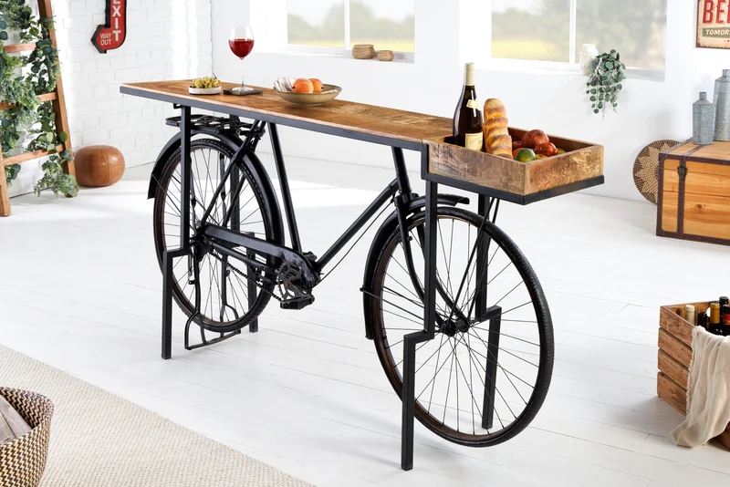 Console rétro BICYCLE 195cm table de bar vélo en bois de manguier upcycling