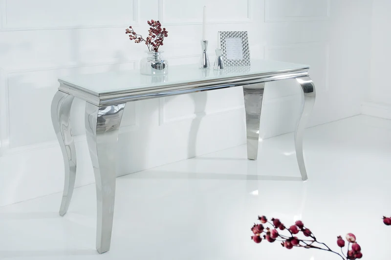 Elégante table console MODERN BAROQUE 145cm verre opale blanc pieds inox