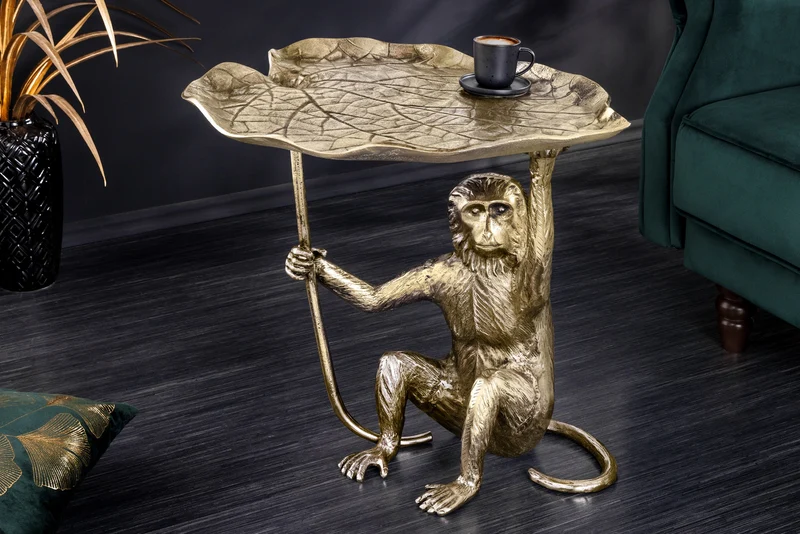 Table d'appoint design WILDLIFE MONKEY 60cm métal doré antique fait main