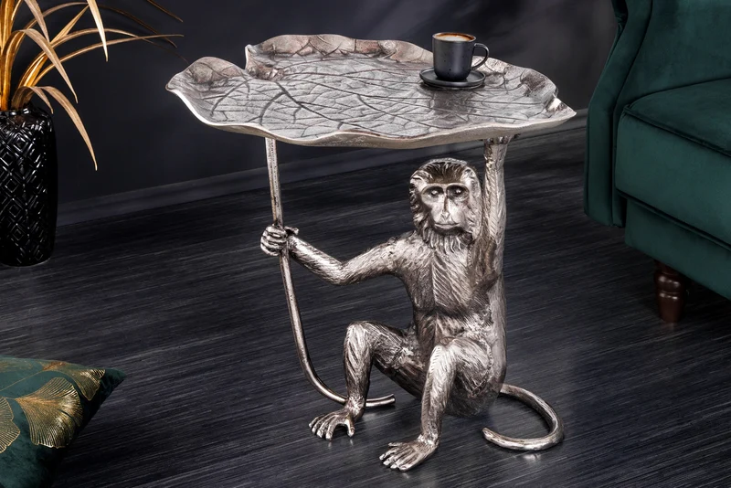 Table d'appoint design WILDLIFE MONKEY 60cm métal argenté fait main