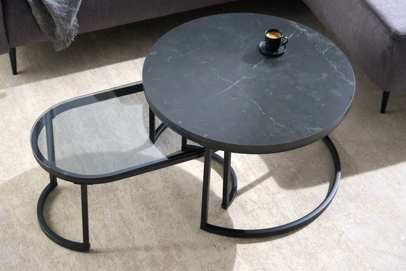 Lot de 2 tables basses ELEGANCE 70cm marbre graphite design verre métal ronde ovale