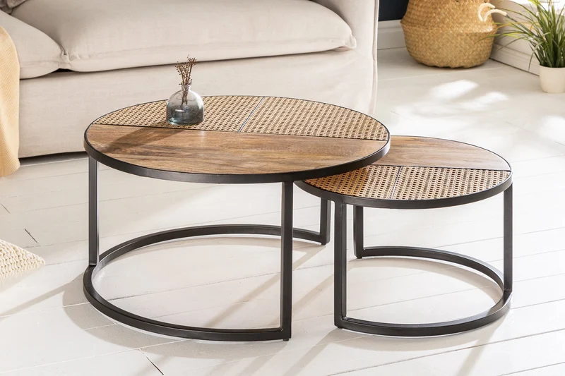 Lot de 2 tables basses VIENNA LOUNGE 70cm rondes en manguier massif tissage viennois métal noir
