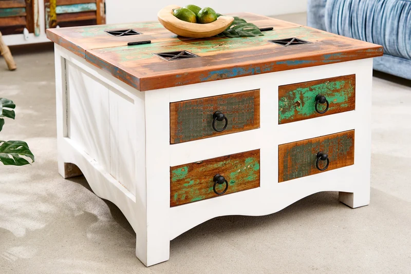 Table basse solide JAKARTA 70cm coffre en bois coloré blanc fabriqué à partir de bateaux de pêche recyclés avec tiroirs