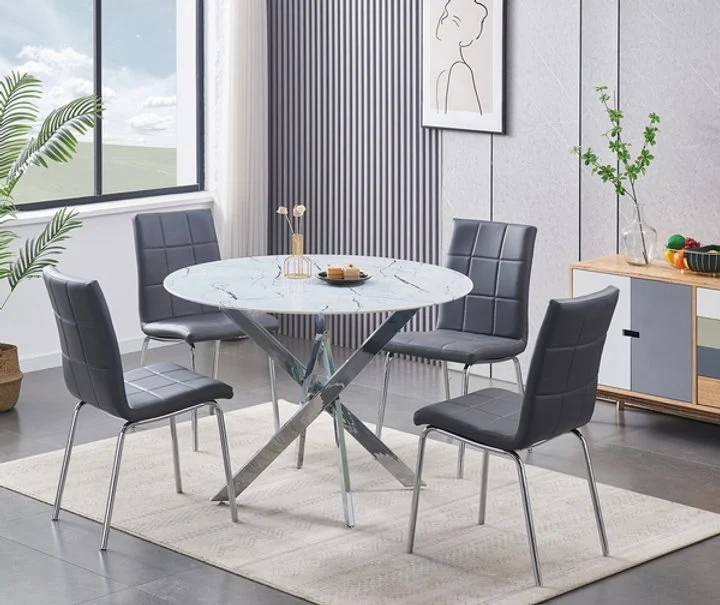 Round Marble Glass Dining Set with Chrome Legs – Model T-1445