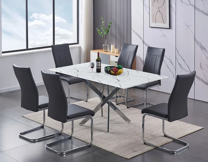Modern Marble Glass Dining Set with Chrome Legs – Model T-1442