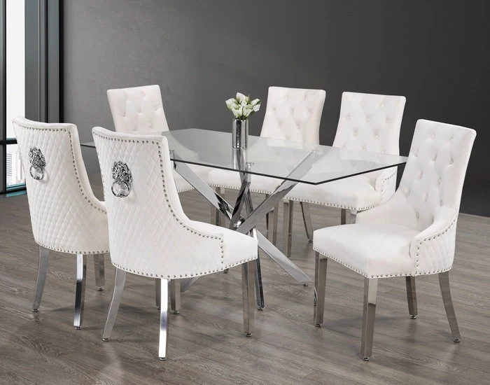 Luxurious Glass Dining Set with Velvet Lion Knocker Chairs – Model T-1448