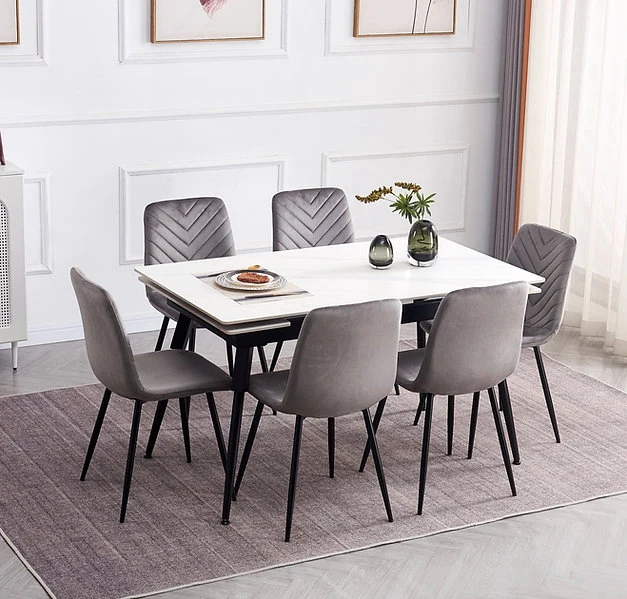 Modern Extension Dining Set with Chevron-Stitched Velvet Chairs – T-1818