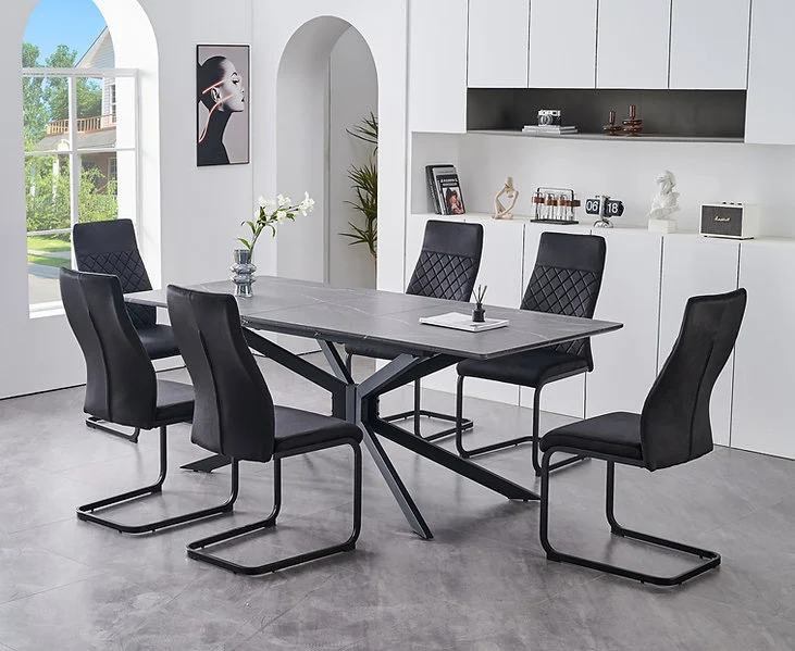 Faux Grey Marble Extension Dining Set with Velvet C-Base Chairs – T-1570