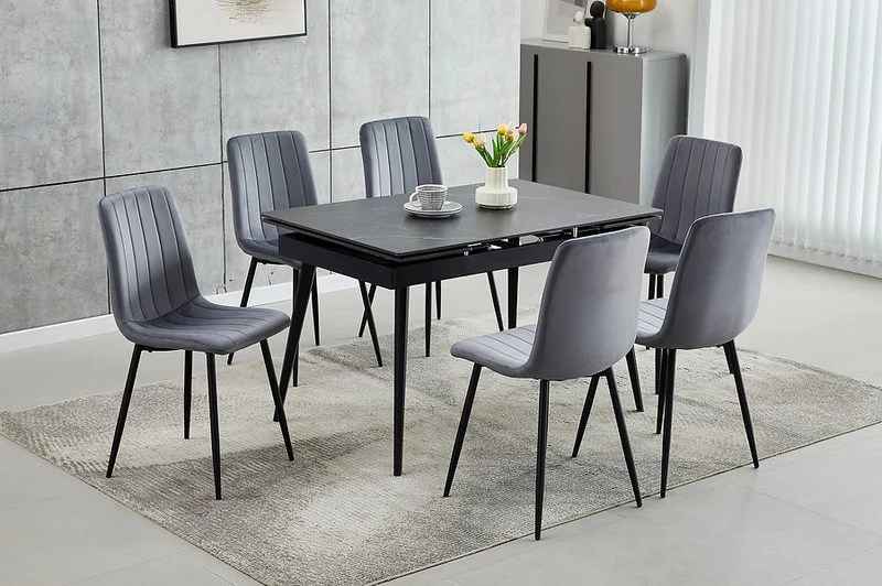 Black Sintered Stone Extension Dining Set with Velvet Chairs – T-1472