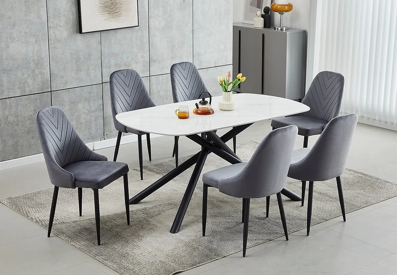 White Sintered Stone Dining Set with Velvet Chairs – T-1530
