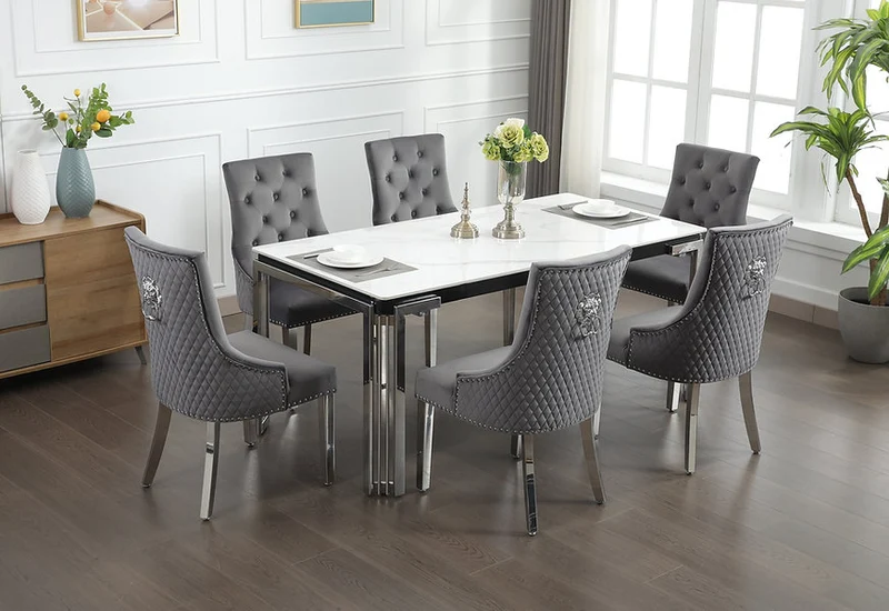 Ceramic Marble Dining Set with Lion Knocker Velvet Chairs – T-1274
