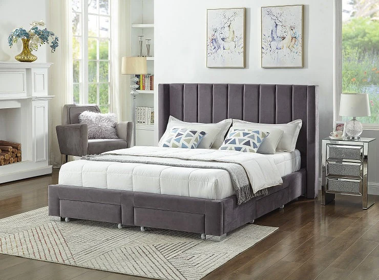 Velvet Fabric Wing Bed with Vertical Deep Tufting and Chrome Legs IF-5310