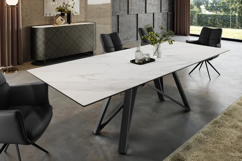 Table à manger extensible ATLAS 160-200 cm design marbre blanc céramique métal noir