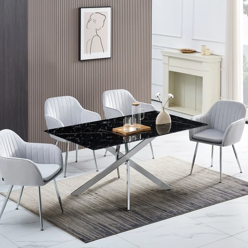 Table à Manger Victoire Pieds Argent Marbre Noir