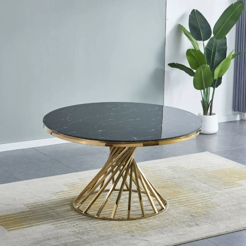 Table à manger ronde Quinconce Pieds Or Marbre Noir