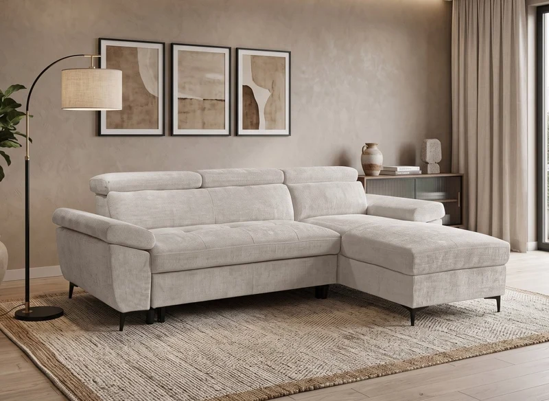 Canapé d'angle convertible en velours chiné beige MONICA - Angle droit