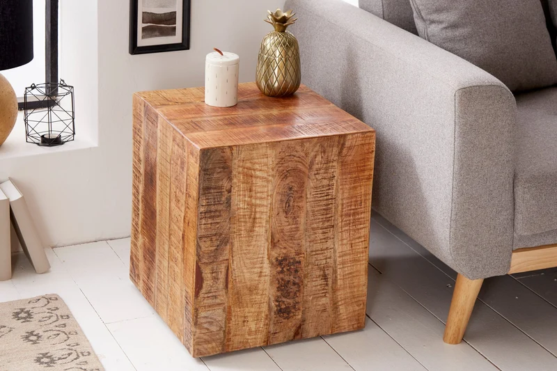 Table d'appoint massive FACTORY 45cm en bois de manguier naturel flammé sur roulettes