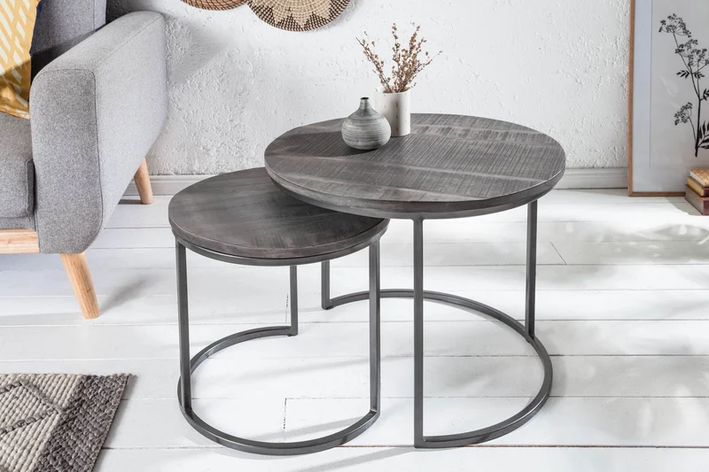 Ensemble de 2 tables d'appoint industrielles ELEMENTS 60 cm en bois de manguier gris massif rondes en métal noir