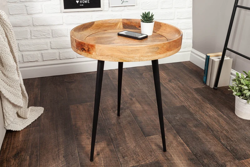 Table d'appoint massive PURE NATURE 45cm en bois de manguier naturel ronde avec pieds en métal noir