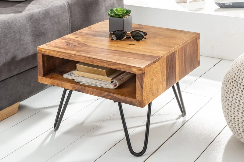 Table d'appoint en bois massif SCORPION 45cm marron Finition pierre de Sheesham Pieds en épingle à cheveux Espace de rangement