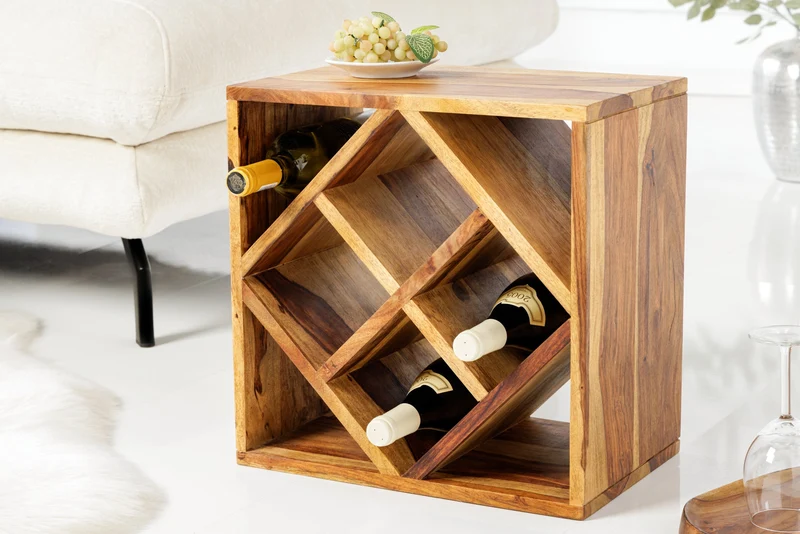 Casier à vin en bois massif CUBUS 40 cm marron finition pierre de Sheesham table d'appoint faite à la main