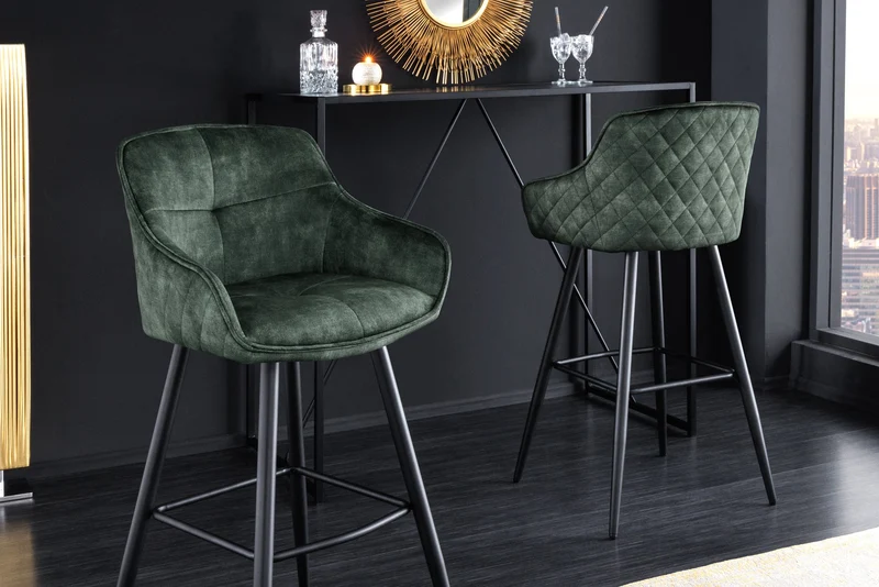 Tabouret de bar design EUPHORIA velours vert foncé pieds en métal noir chaise de bar avec dossier