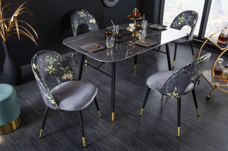 Lot de 2x chaises design PRÊT-À-PORTER en velours gris motif floral et embouts de pieds dorés
