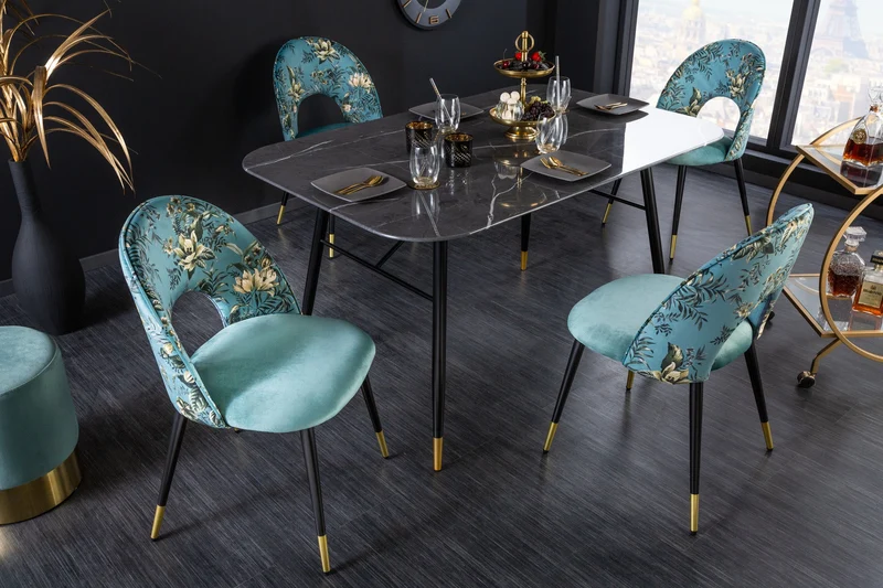 Lot de 2x chaises design PRÊT-À-PORTER en velours turquoise motif floral et embouts de pieds dorés