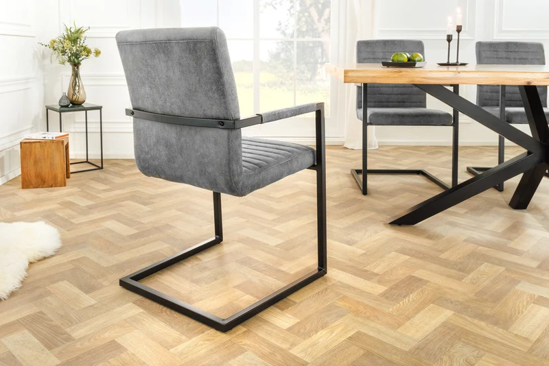 Lot de 2x chaises cantilever industrielle LOFT vintage grise en microfibre avec accoudoirs en acier inoxydable