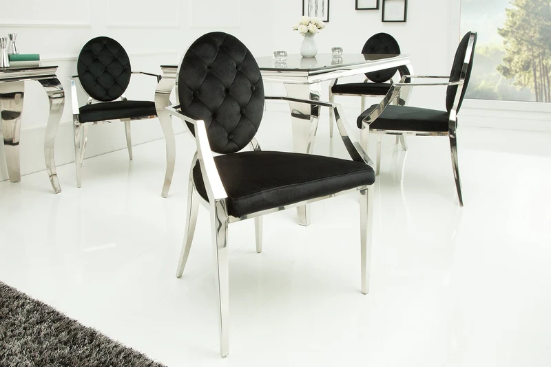 Chaise élégante MODERN BAROCK en velours noir avec accoudoirs et boutons décoratifs
