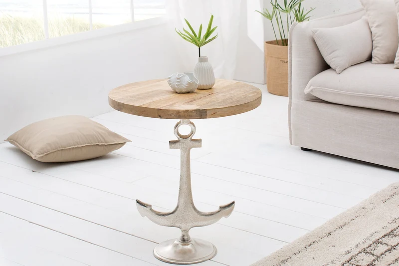 Table d'appoint maritime SEVEN SEAS 50cm design ancre argentée ronde bois de manguier métal