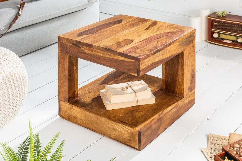Table basse en bois précieux massif GIANT 45cm finition pierre de Sheesham marron avec étagère