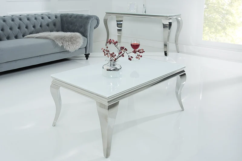 Élégante table basse MODERN BAROQUE 100cm argent avec verre opale blanc