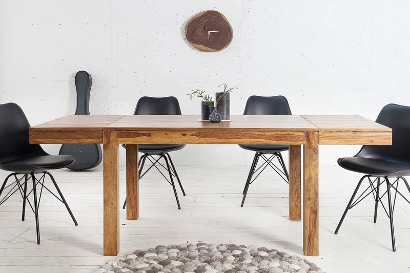 Table à manger en bois massif PURE 120-200cm finition pierre de Sheesham marron avec rallonges