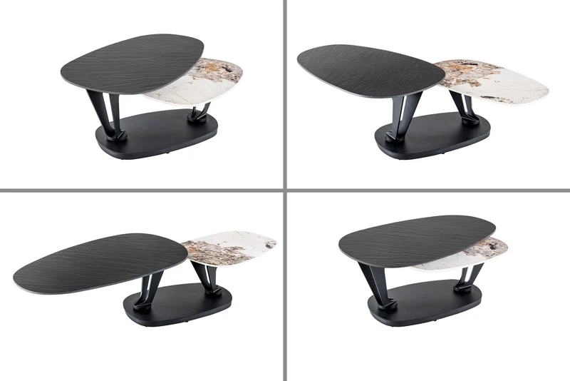 Table basse design MOVEMENT noire ronde rotative Pandora en céramique avec structure en métal