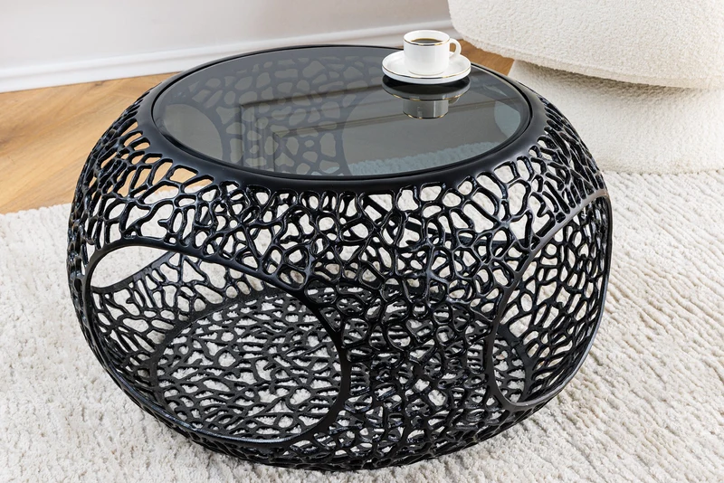 Table basse ronde SPIN 75cm noir verre noir métal avec espace de rangement fait main