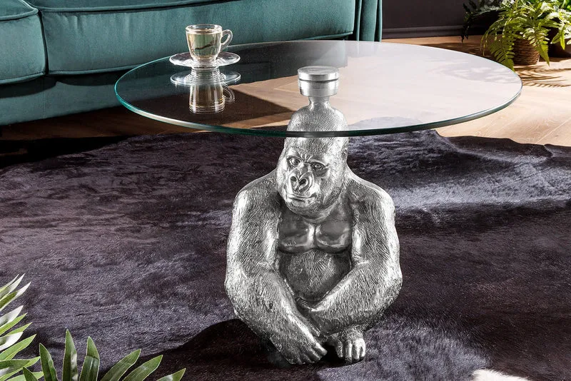 Table basse ronde WILDLIFE KONG 60cm métal argenté verre singe figure gorille sculpture fait main