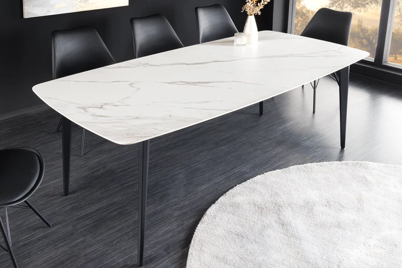 Table à manger MILANO 180 cm marbre blanc céramique structure métal noir