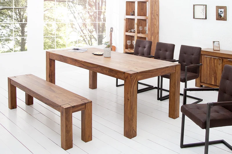 Table à manger rectangulaire en bois massif MAKASSAR 160 cm, finition pierre de Sheesham marron laquée