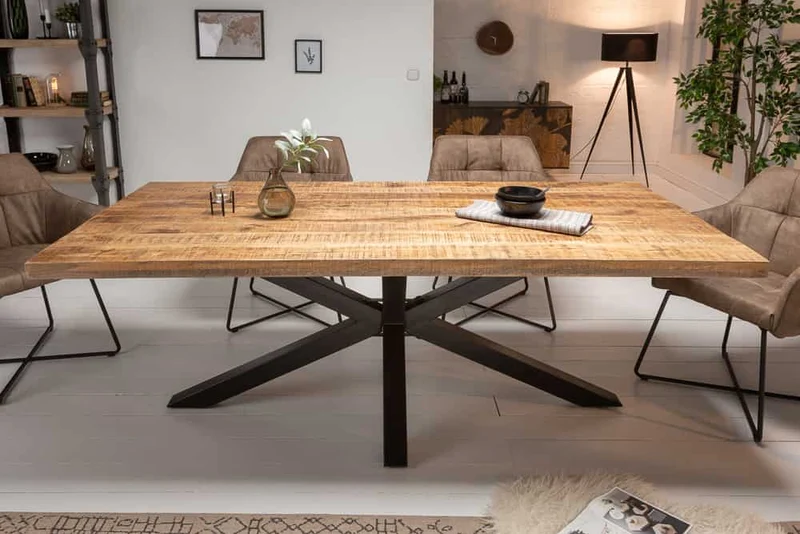 Table à manger industrielle solide GALAXIE 160cm en bois de manguier structure en forme d'étoile
