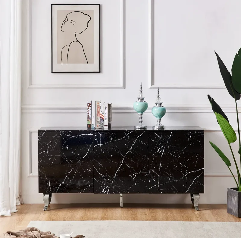 Buffet Baroque Argent Marbre Noir 160 cm