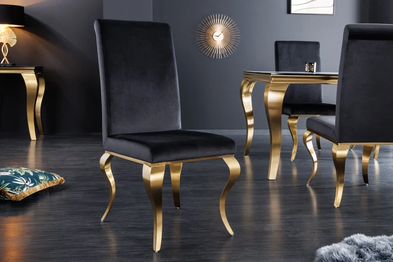 Lot de 2x chaises élégante MODERN BAROCK en velours noir, pieds en acier inoxydable