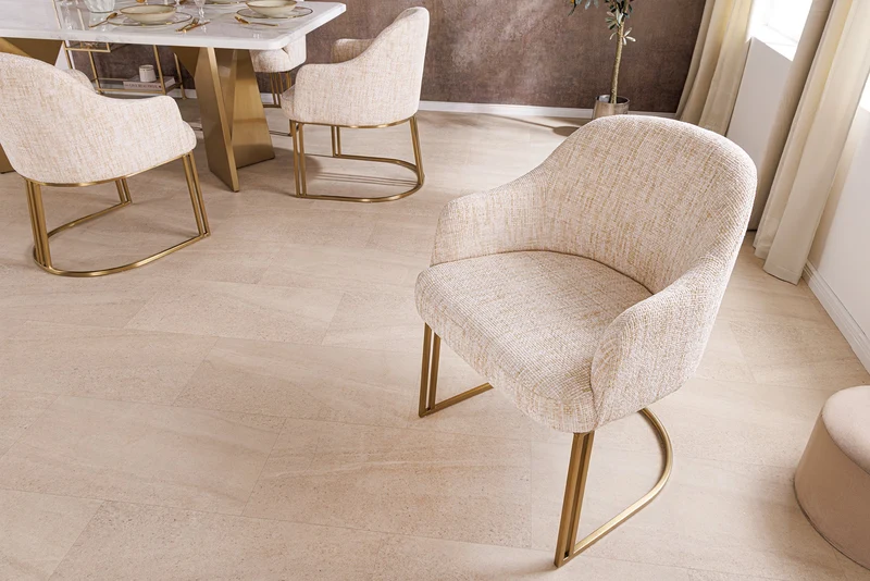 Lot de 2x fauteuils avec accoudoirs EXTRAVAGANCIA tissu chenille beige métal doré champagne brossé