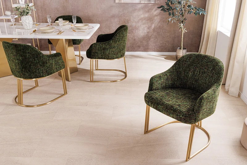 Lot de 2x fauteuils avec accoudoirs EXTRAVAGANCIA tissu chenille vert foncé métal brossé champagne doré