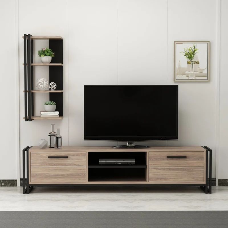 ensemble Meuble tv et son étagère acier et bois 150cm MADRID