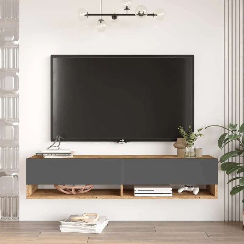 Meuble TV suspendu Elisa 140 cm gris anthracite avec tiroirs – bois naturel