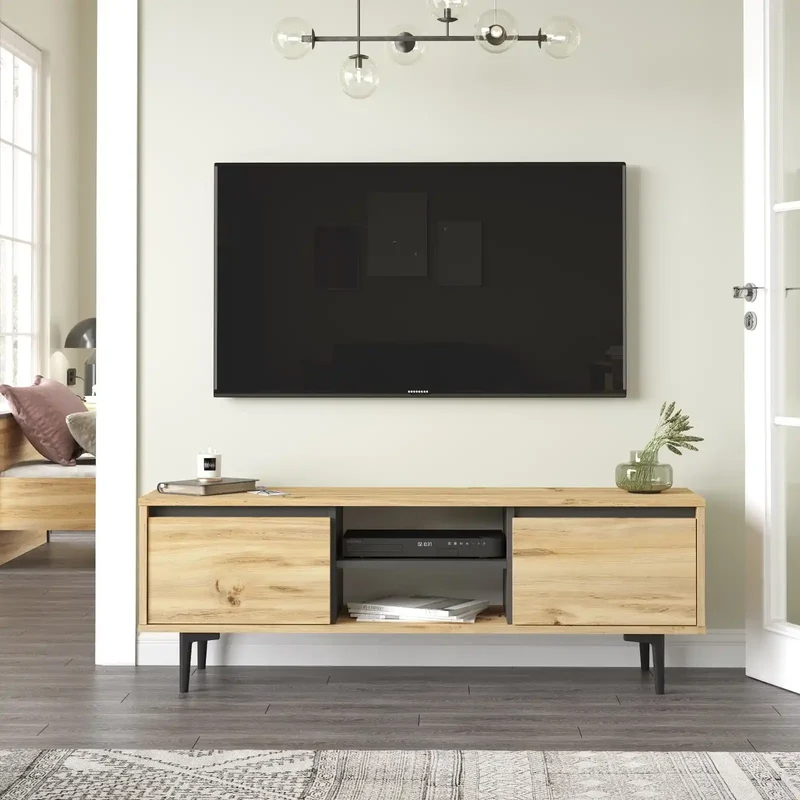 Meuble TV AZURA 140cm - Bois Clair & Noir - Élégance et Rangement Moderne