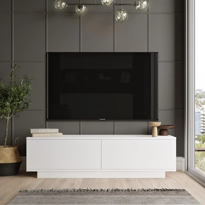 Meuble TV CELESTE Blanc–140 cm-Design Minimaliste Rangement & Élégance