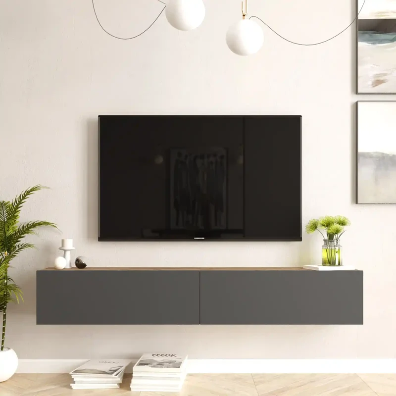 Meuble TV Suspendu Eclypse 180 cm - Gris et Bois