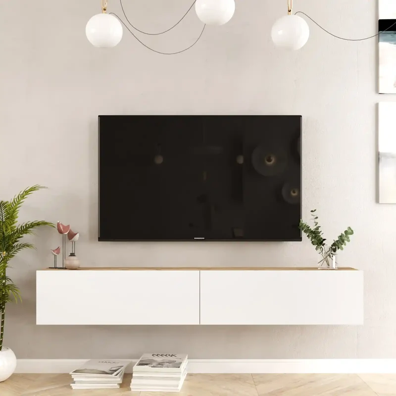 Meuble TV suspendu ECLYPSE en blanc et bois clair - Design moderne et rangement optimisé